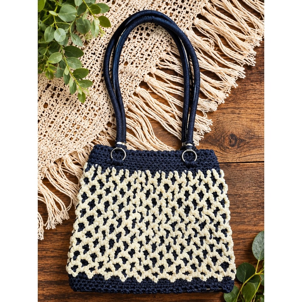 Y2K Boho Crochet Shoulder Bag Navy Cream Macrame Woven Purse Small Handbag